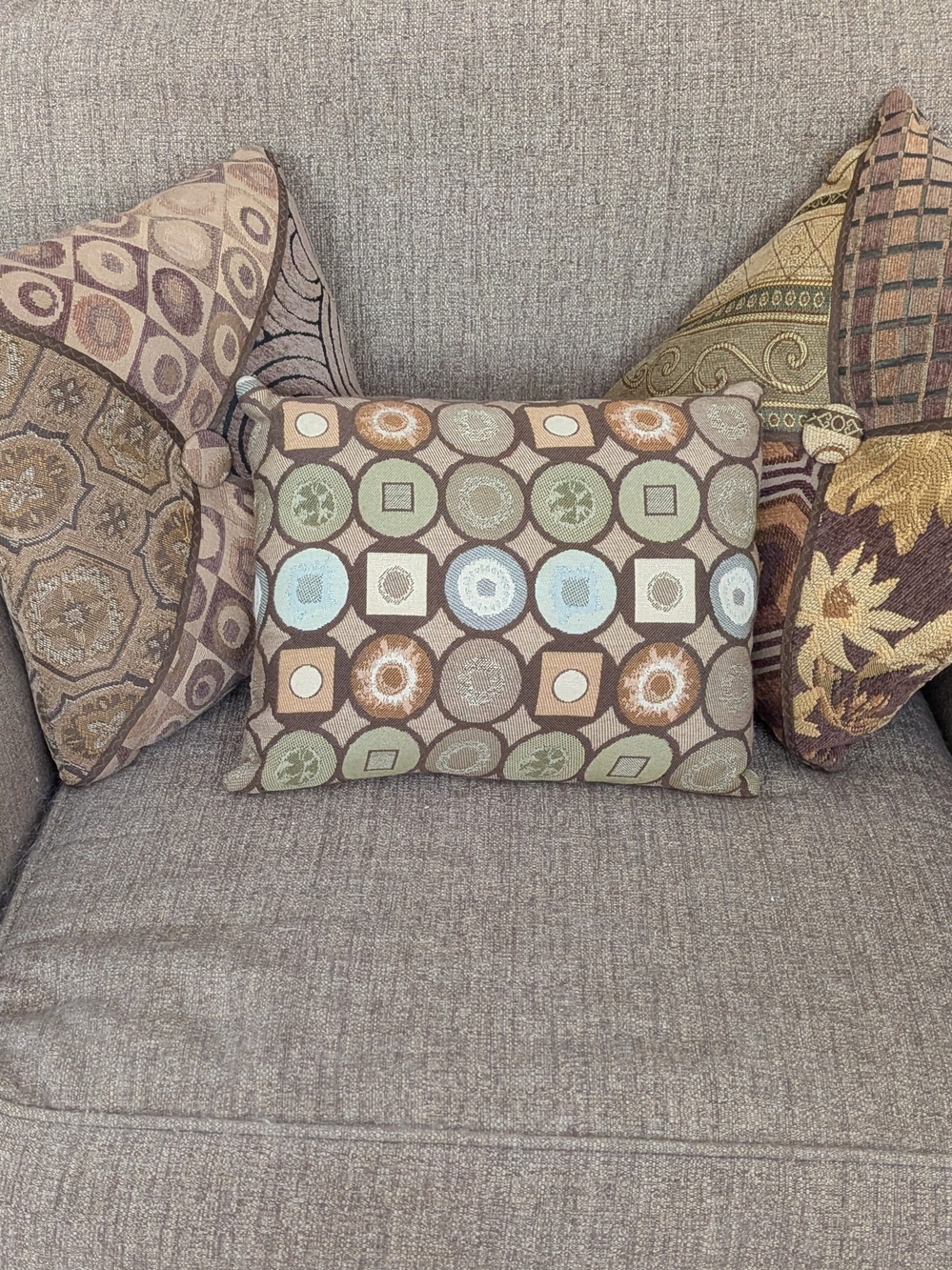 Decorative Brown Geometric Accent Pillow with Green and Gold & Cream Motifs